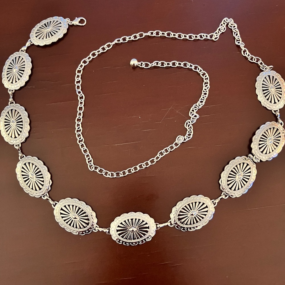 60” Long Western Boho Floral Silver Concho Chain Belt New